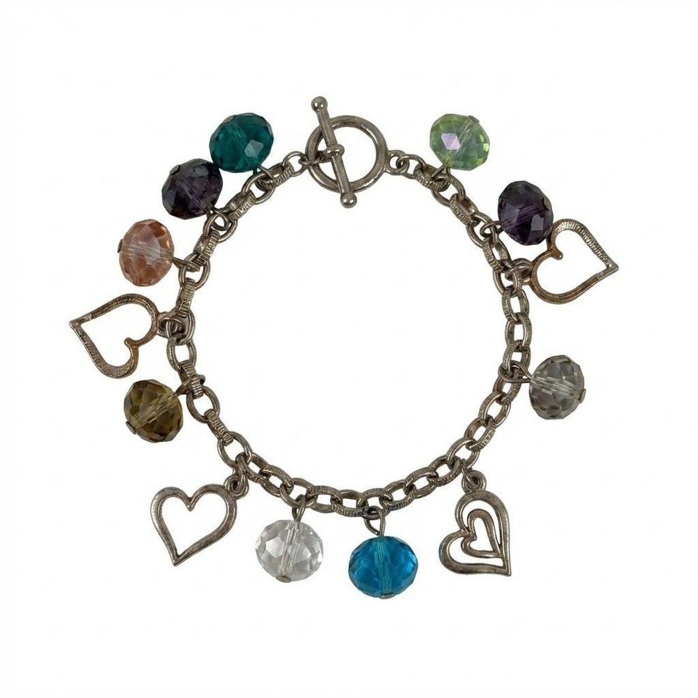 Italy 925 Sterling Silver Multi Color Crystal Heart Charm Toggle Bracelet